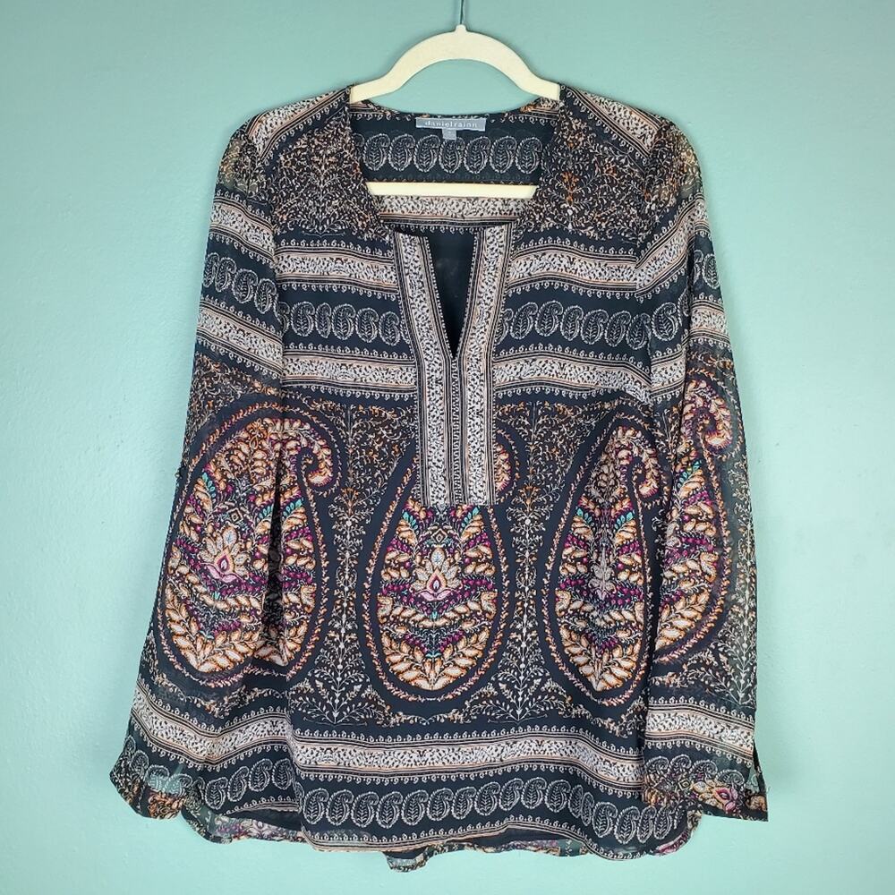 Daniel Rainn Women's Black Paisley V-Neck Long Sleeve Boho Blouse Size Medium